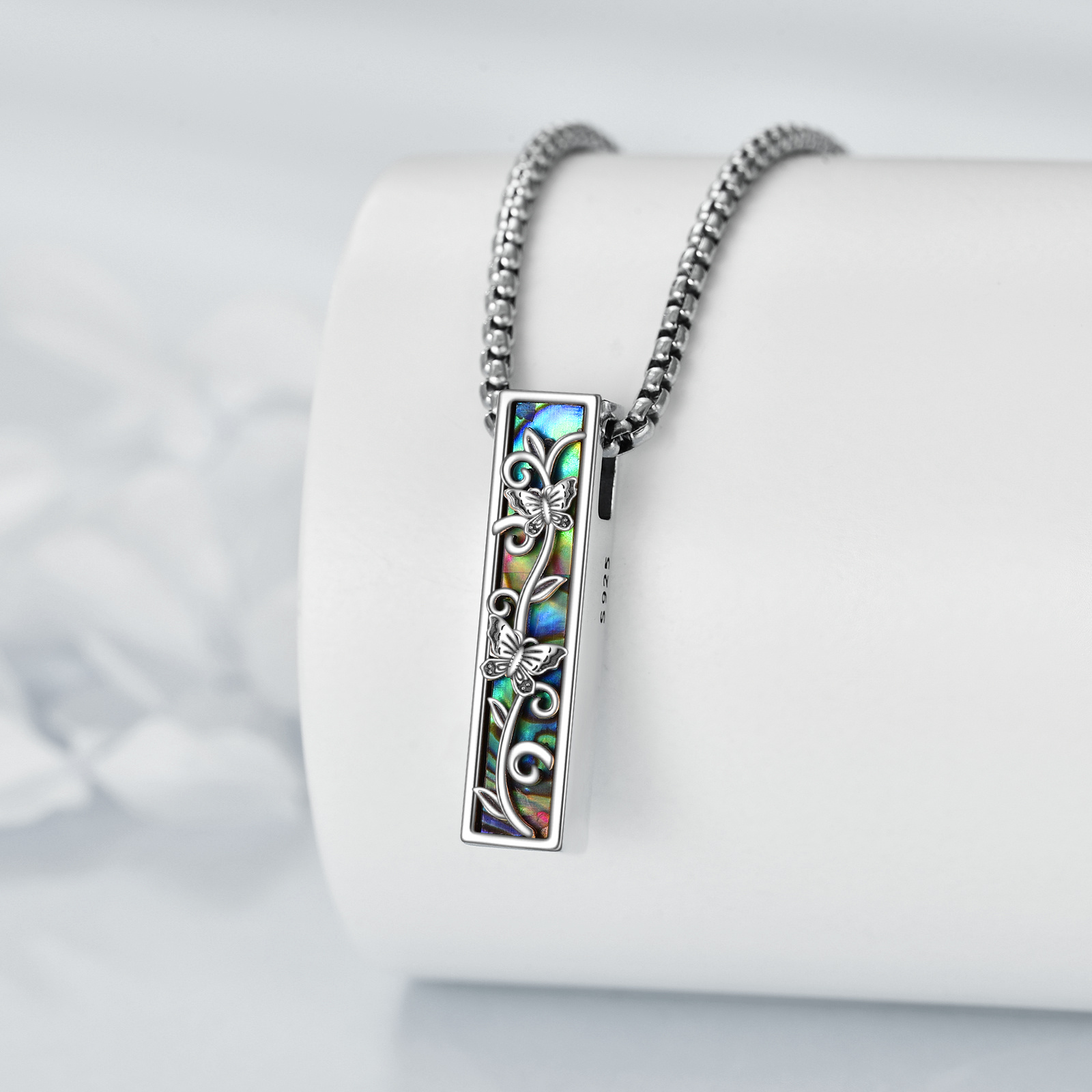 925 Sterling Silver Abalone Shell Butterfly Long Urn Necklace